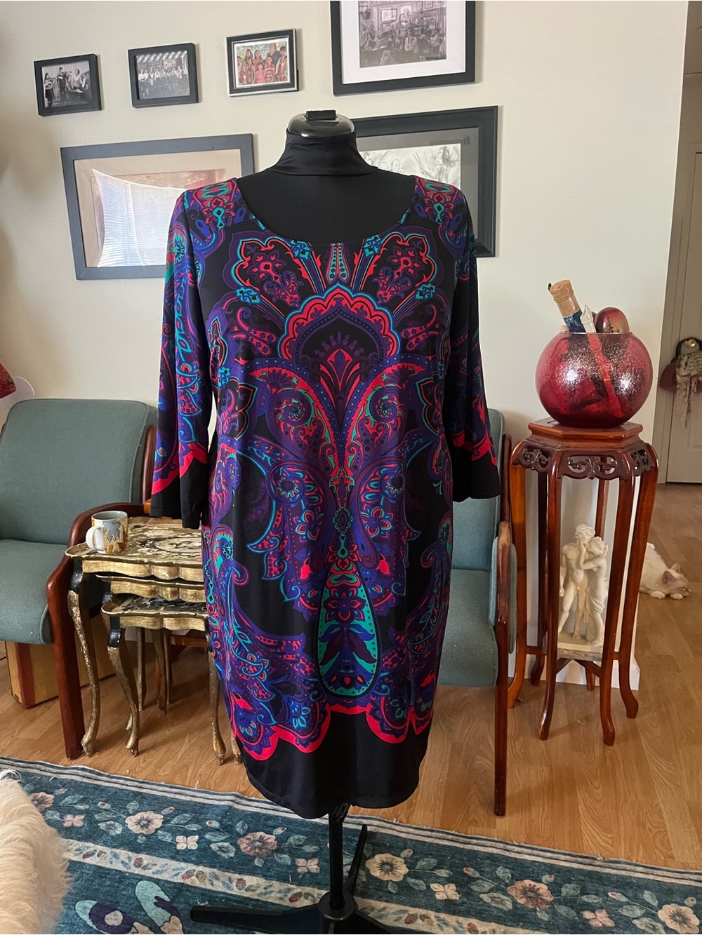 Paisley-Print Black Midi Dress with Jewel-Tone Accents